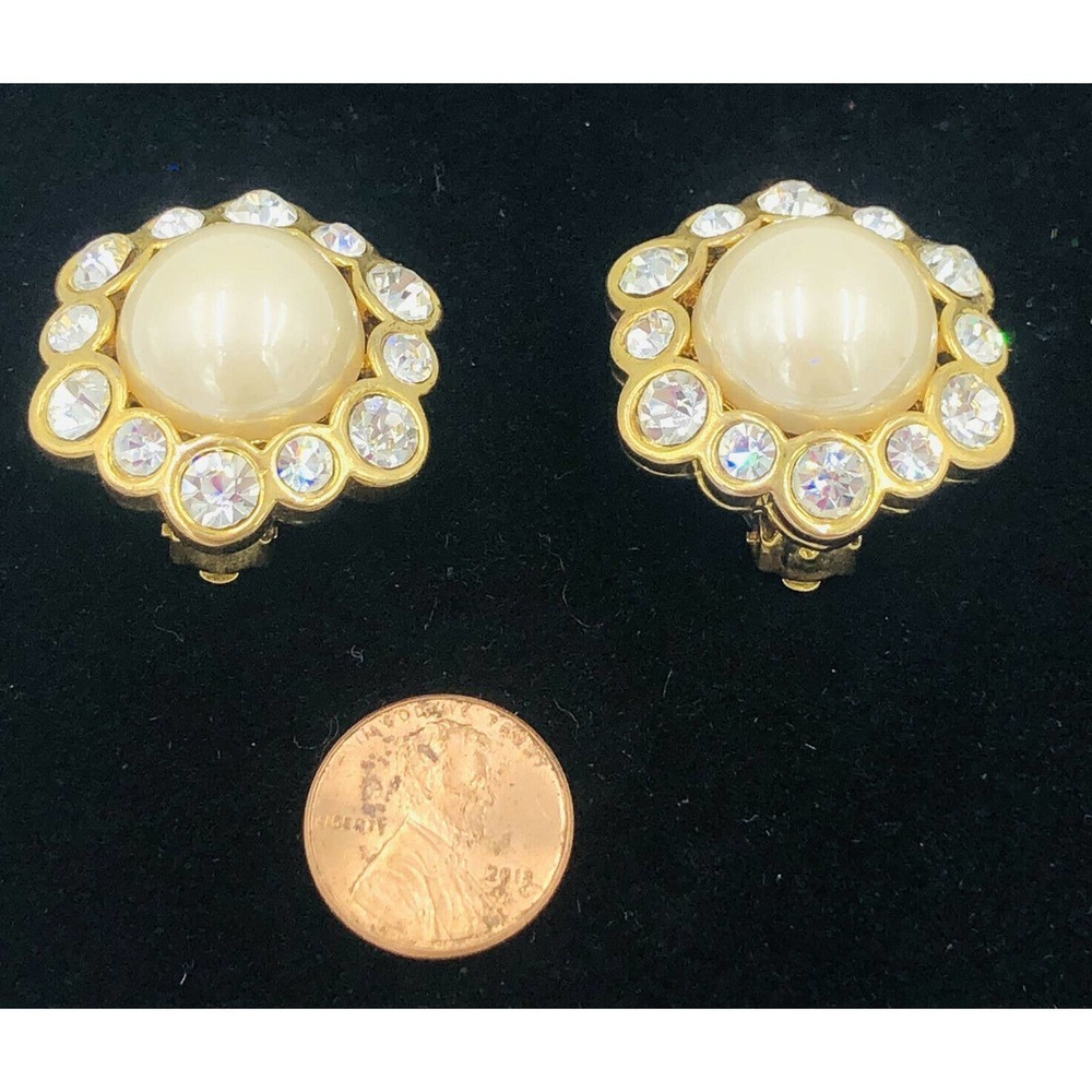 Gold Tone Crystal Cabochon Pearl Clip Earrings - Picture 9 of 10